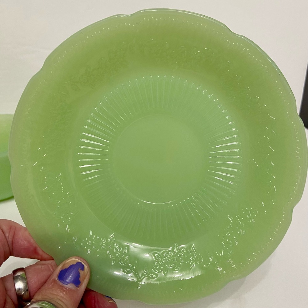 Vtg JADEITE (Jadite)/Anchor Hocking 3pc Set 2 Saucers 1 Cup Green Coffee Tea Set - Picture 5 of 17